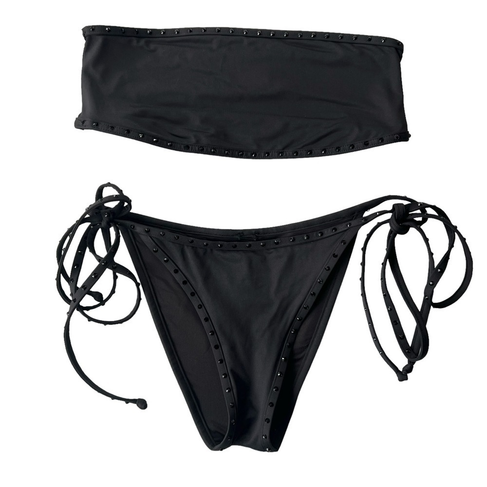 SKIMS RHINESTONE BIKINI SET BANDEAU TOP AND TIE BOTTOM ONYX BLACK SIZE MEDIUM